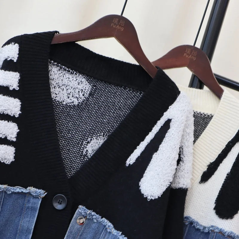 Abstract Knit Denim Hybrid Cardigan