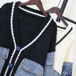 Denim Patchwork Knit Varsity Cardigan