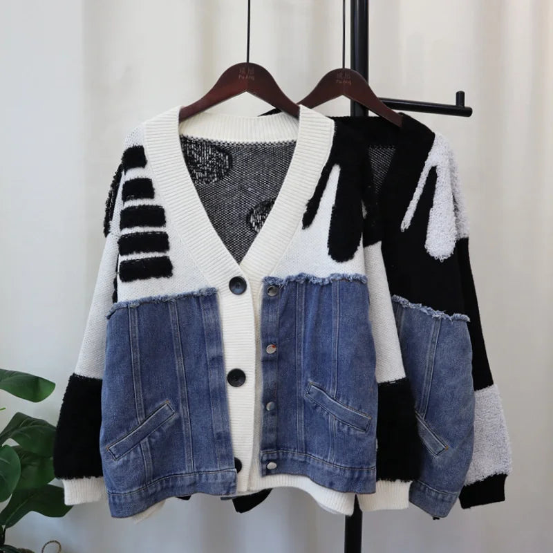 Abstract Knit Denim Hybrid Cardigan
