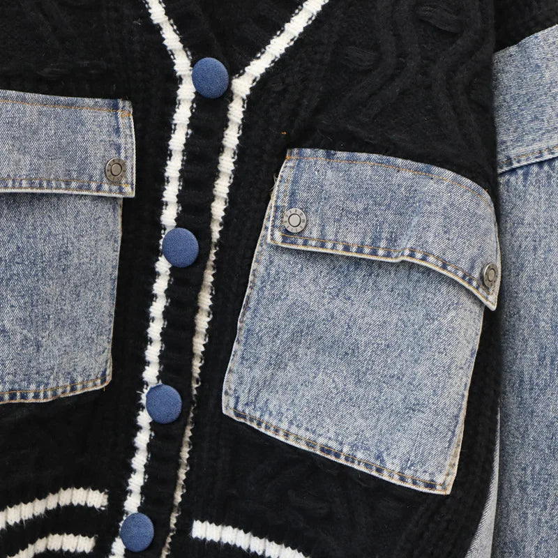 Denim Patchwork Knit Varsity Cardigan
