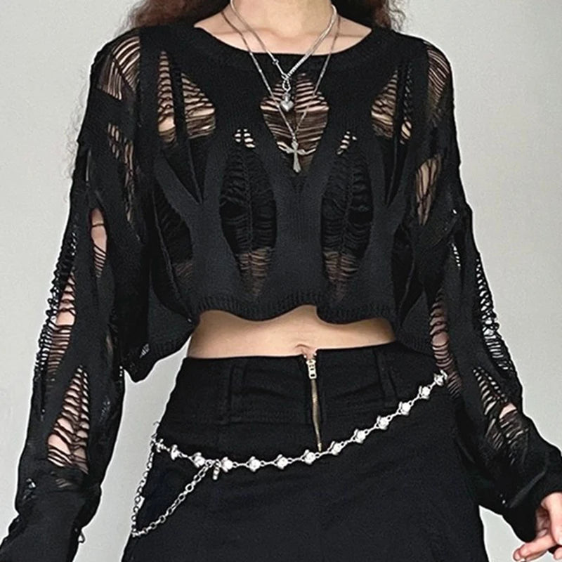 Distressed Ripped Gothic Crop Sweater