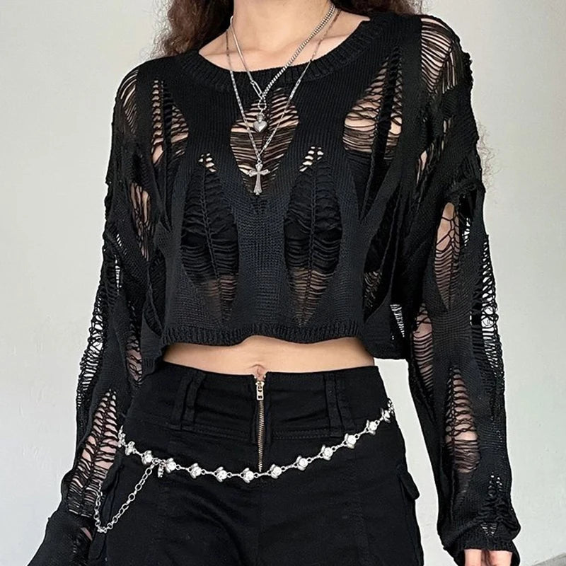 Distressed Ripped Gothic Crop Sweater