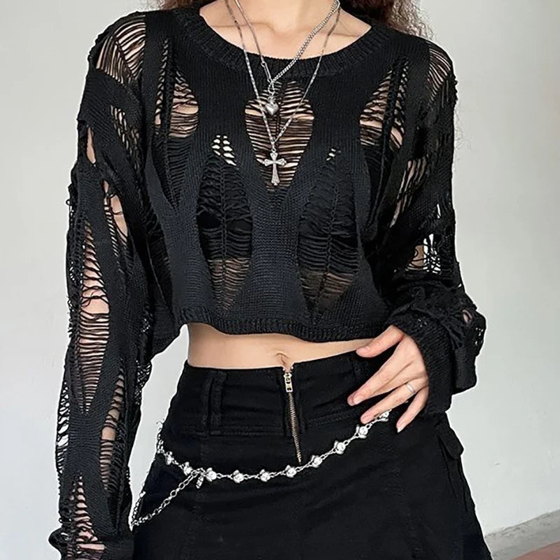 Distressed Ripped Gothic Crop Sweater