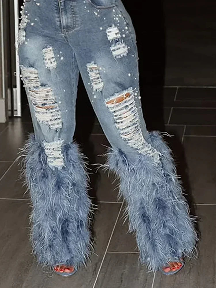Feathered Distressed Jeans