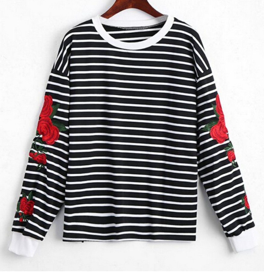 Striped Embroidery Roses Sweater - AESTHEDEX