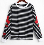Striped Embroidery Roses Sweater - AESTHEDEX