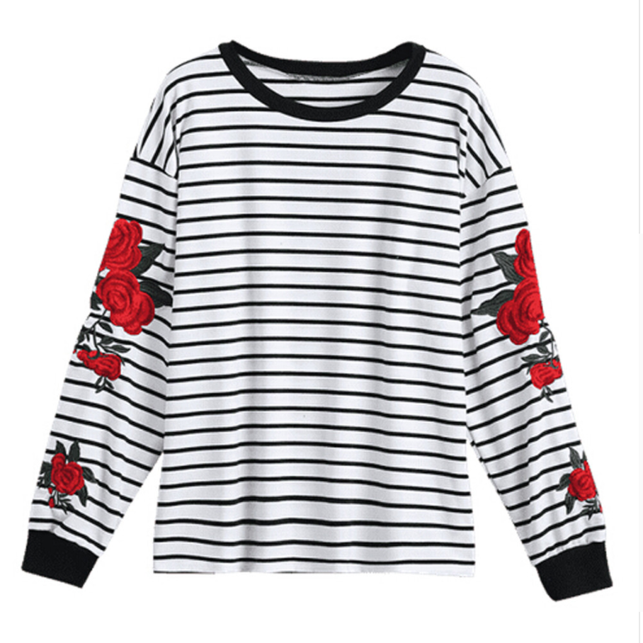 Striped Embroidery Roses Sweater - AESTHEDEX