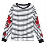 Striped Embroidery Roses Sweater - AESTHEDEX