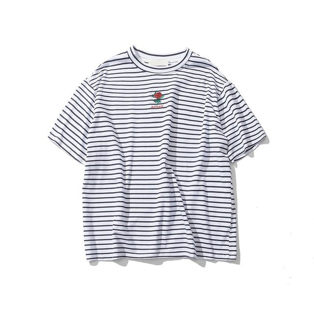 Rose Embroidery Striped T-shirt - AESTHEDEX