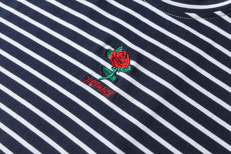 Rose Embroidery Striped T-shirt - AESTHEDEX