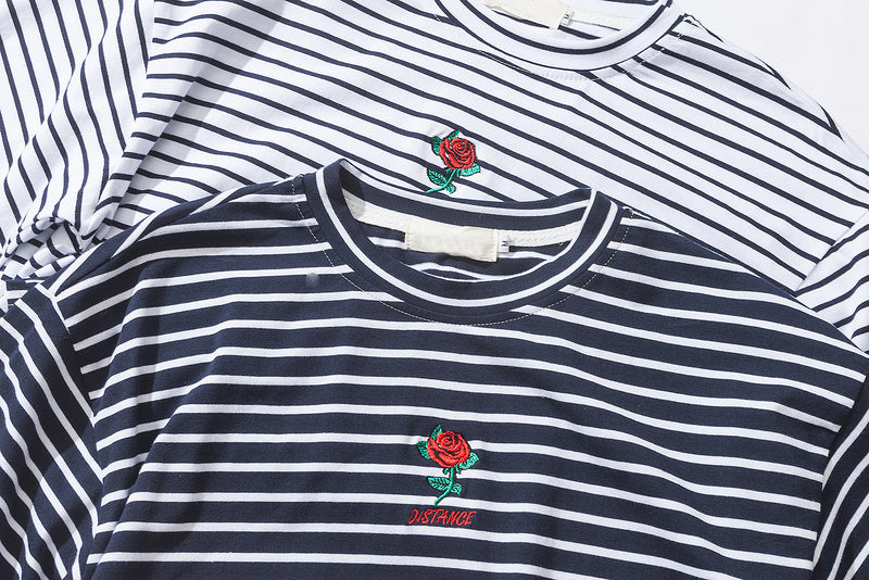 Rose Embroidery Striped T-shirt - AESTHEDEX