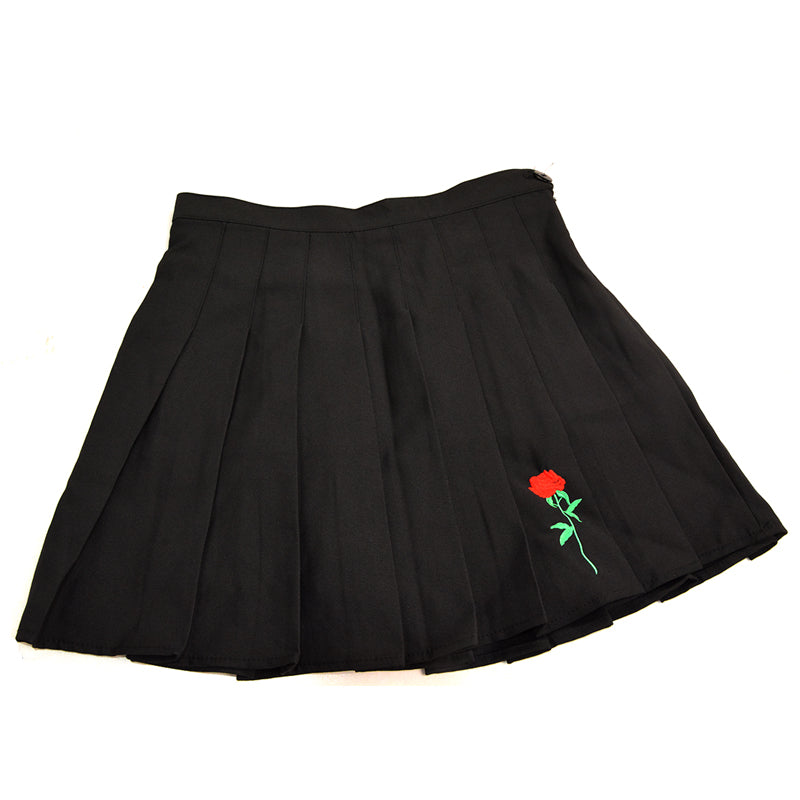 Pleated Rose Embroidery Skirt - AESTHEDEX
