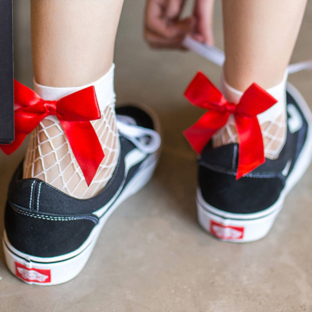 Fishnet Socks With Bow - AESTHEDEX