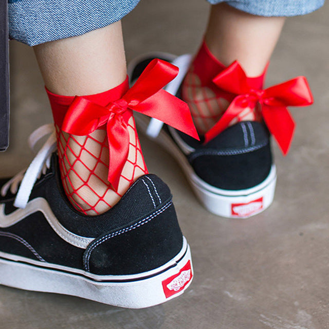 Fishnet Socks With Bow - AESTHEDEX
