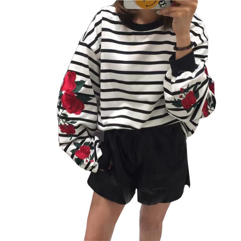 Striped Embroidery Roses Sweater - AESTHEDEX