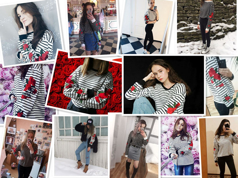 Striped Embroidery Roses Sweater - AESTHEDEX