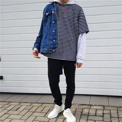 Rose Embroidery Striped T-shirt - AESTHEDEX