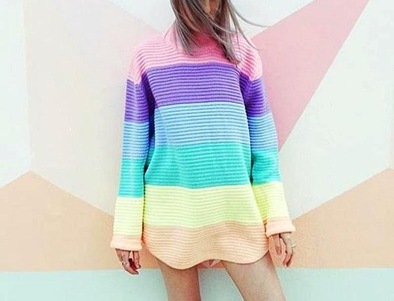 Turtleneck Rainbow Striped Sweater - AESTHEDEX