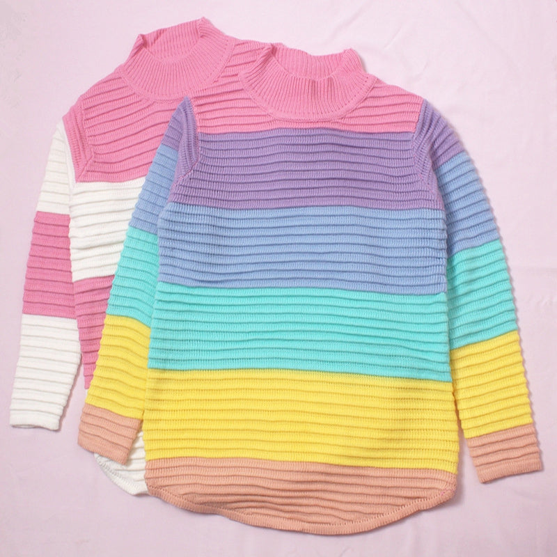 Turtleneck Rainbow Striped Sweater - AESTHEDEX