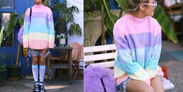 Turtleneck Rainbow Striped Sweater - AESTHEDEX