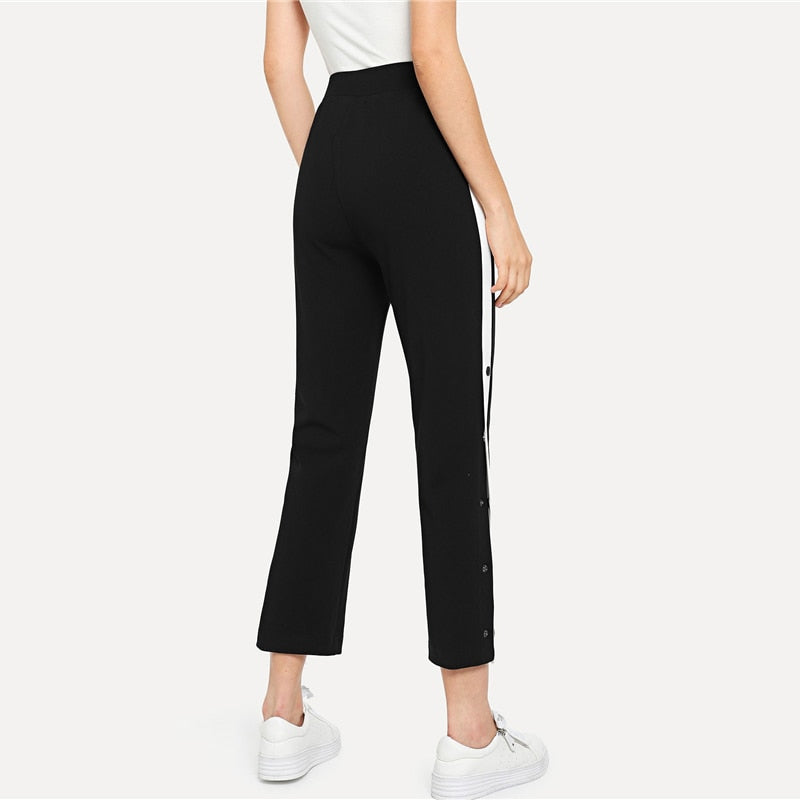 Black Snap Button Side Pants - AESTHEDEX