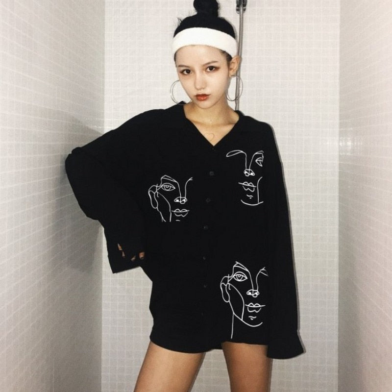 Abstract Face Long Collar Shirt - AESTHEDEX