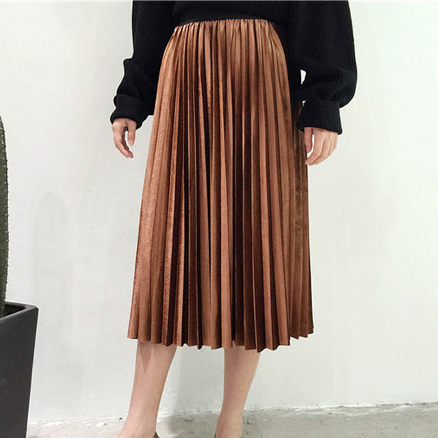 Metallic Pleated Midi Skirt