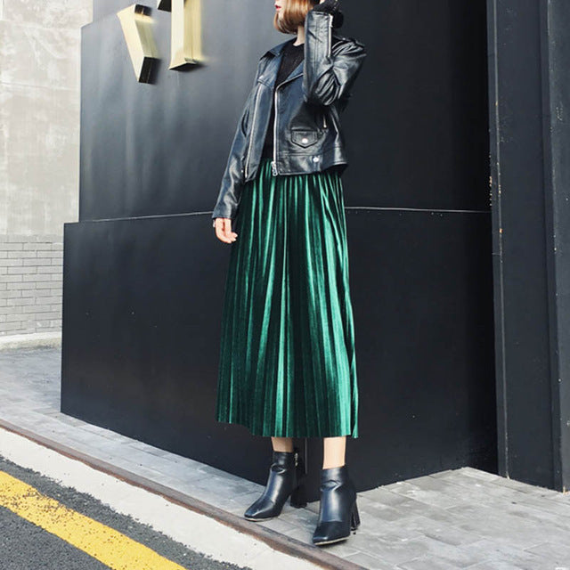 Metallic Pleated Midi Skirt