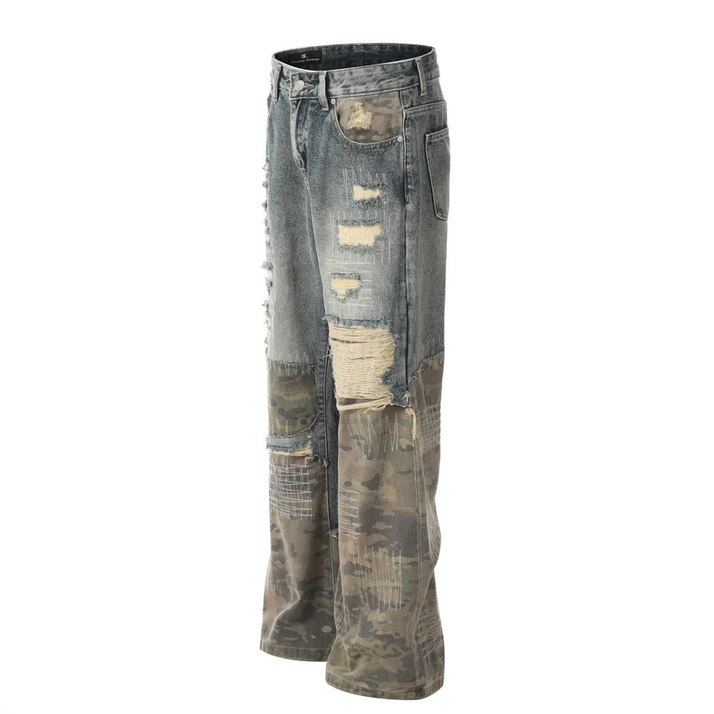 Hybrid Camo Patchwork Destroyed Denim