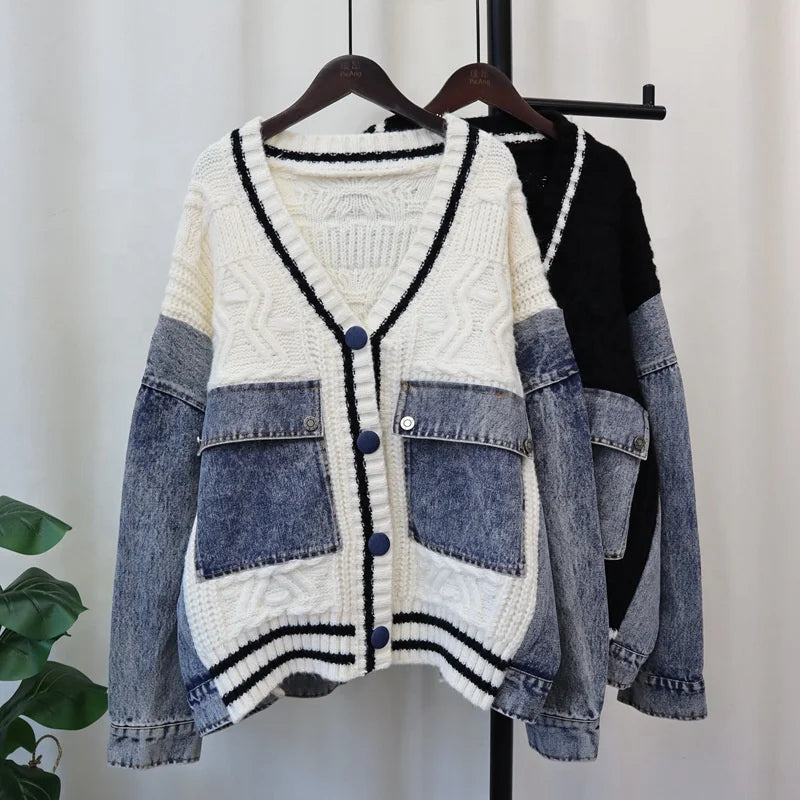 Denim Patchwork Knit Varsity Cardigan