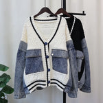 Denim Patchwork Knit Varsity Cardigan