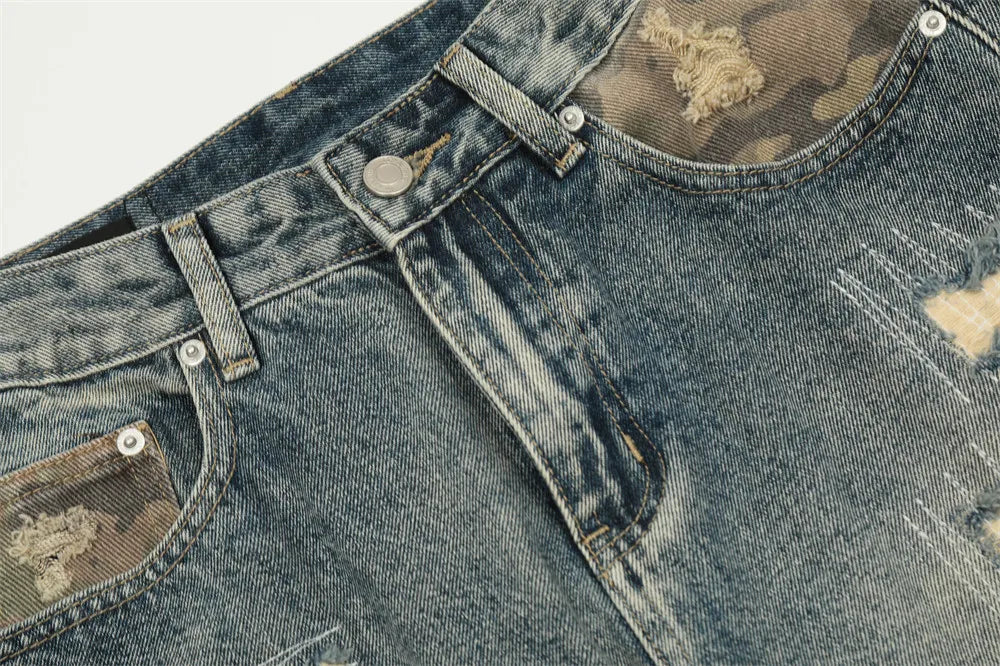 Hybrid Camo Patchwork Destroyed Denim