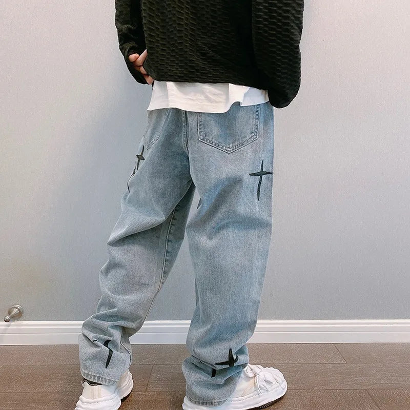Cross-Embroidered Loose Wide Leg Denim Jeans