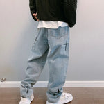 Cross-Embroidered Loose Wide Leg Denim Jeans
