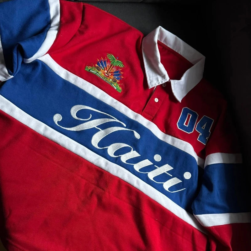 Haiti Heritage Embroidered Long Sleeve Vintage Rugby Polo
