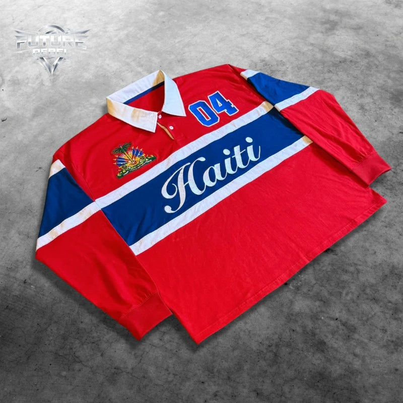 Haiti Heritage Embroidered Long Sleeve Vintage Rugby Polo
