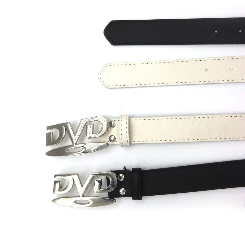 Retro DVD Logo Buckle PU Leather Belt