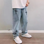 Cross-Embroidered Loose Wide Leg Denim Jeans
