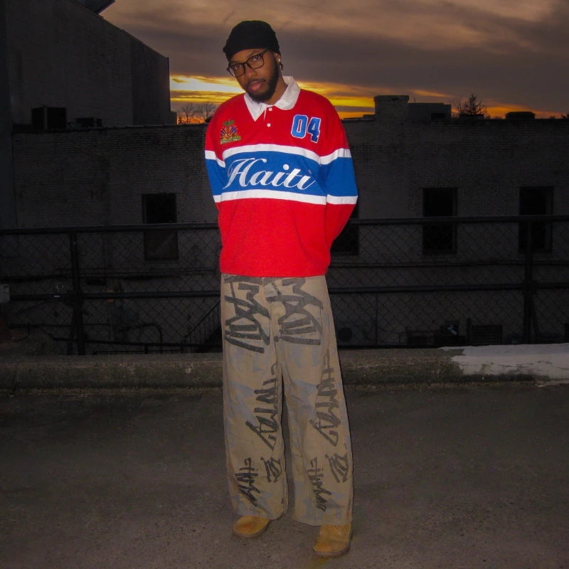 Haiti Heritage Embroidered Long Sleeve Vintage Rugby Polo