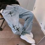 Cross-Embroidered Loose Wide Leg Denim Jeans