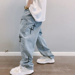 Cross-Embroidered Loose Wide Leg Denim Jeans