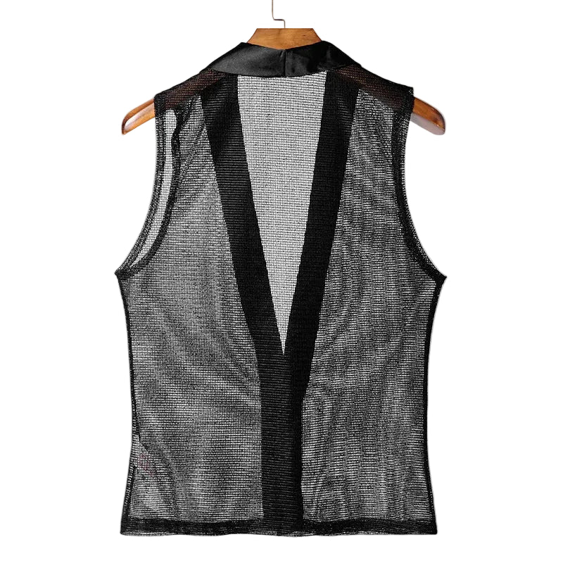 Deep V-Neck Mesh Sheer Lapel Sleeveless Vest Top