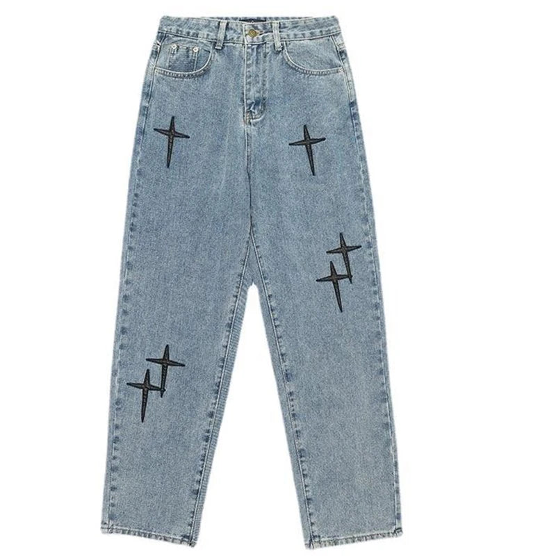 Cross-Embroidered Loose Wide Leg Denim Jeans