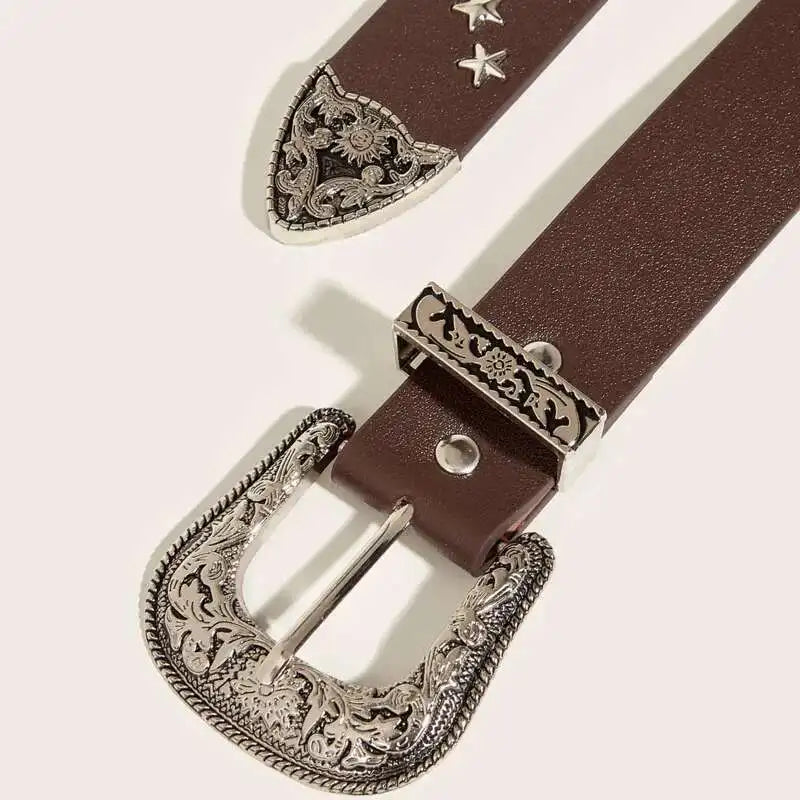 Western Star Studded Vintage Engraved Buckle Belt