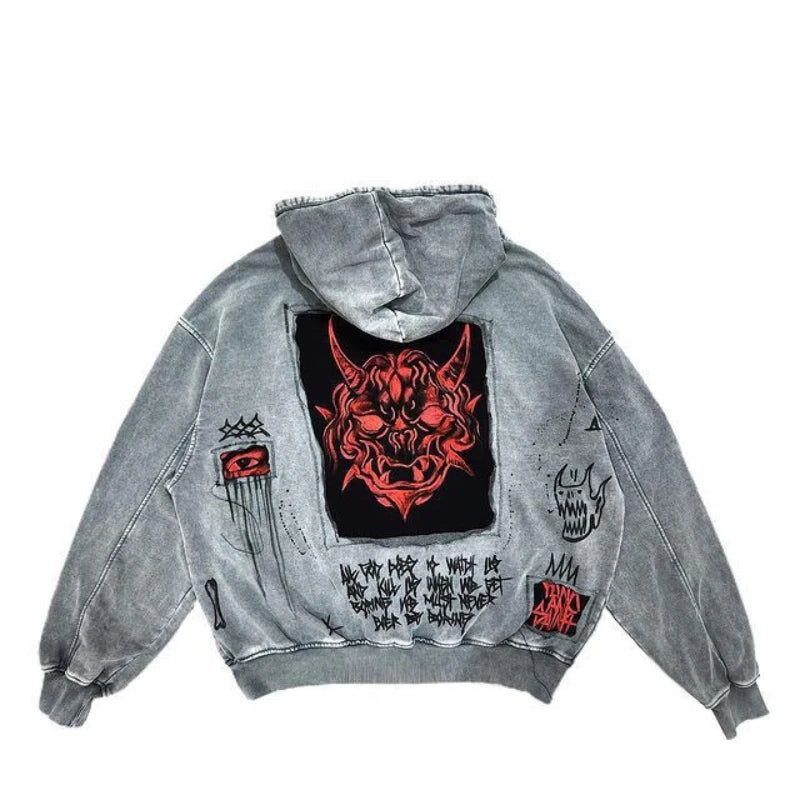Demon Oni Mask Patchwork Distressed Full-Zip Streetwear Hoodie"