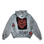 Demon Oni Mask Patchwork Distressed Full-Zip Streetwear Hoodie"