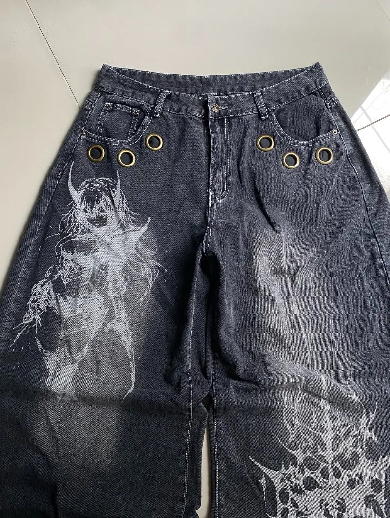 Gothic Skull Graphic Wide-Leg Baggy Streetwear Jeans