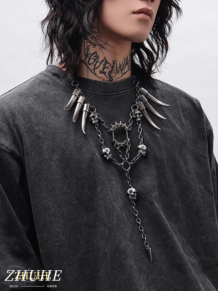 Gothic Fang & Skull Chain Statement Necklace