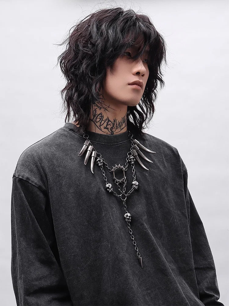 Gothic Fang & Skull Chain Statement Necklace