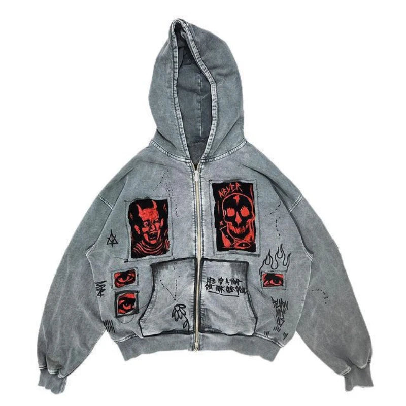 Demon Oni Mask Patchwork Distressed Full-Zip Streetwear Hoodie"